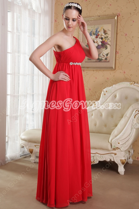 One Shoulder Empire Full Length Red Chiffon Maternity Prom Dress 