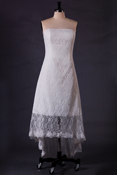 Strapless Column High Low Hem Lace Boho Wedding Dress 