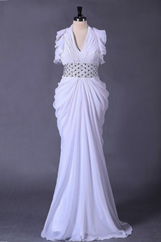 Plunge Neckline Sheath Floor Length White Beach Wedding Dress 