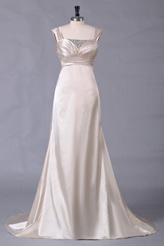 A-line Full Length Champagne Satin Prom Dress 