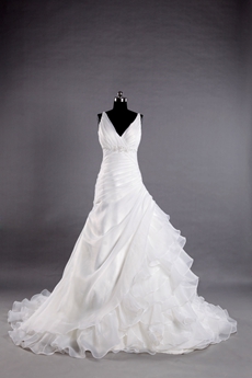 Plunge Neckline A-line Organza Wedding Dress With Ruffles