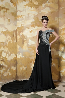 Luxurious One Shoulder A-line Black Chiffon Prom Dress With Heavy Beads