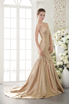 Stunning Straps Full Length Trumpet/Mermaid Champagne Prom Dress 