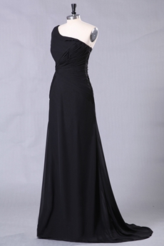 One Shoulder A-line Full Length Black Prom Dress 