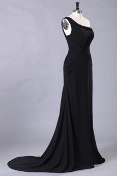 One Shoulder A-line Full Length Black Prom Dress 