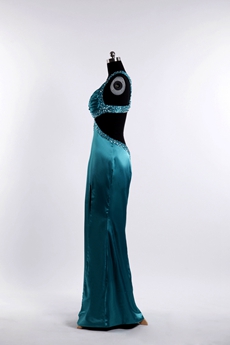 Teal Blue Slit Front Informal Evening Gown