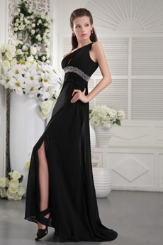 One Shoulder A-line Black Chiffon Evening Gown Cut Out   