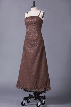 Spaghetti Straps A-line Tea Length Brown Lace Prom Dress 