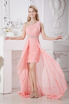 Unique One Shoulder Coral Chiffon High Low Prom Gown 