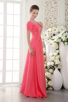 Short Sleeves A-line Watermelon Satin Prom Dress 