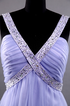 Plunge Neckline Empire Full Length Lavender Tulle Prom Dress 