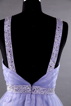 Plunge Neckline Empire Full Length Lavender Tulle Prom Dress 