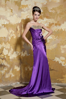Front Slit Dipped Neckline A-line Full Length Eggplant Prom Dress 
