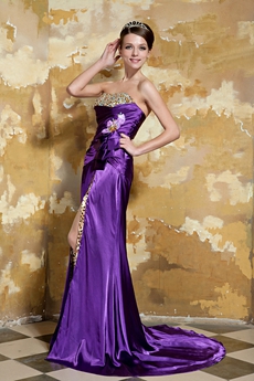 Front Slit Dipped Neckline A-line Full Length Eggplant Prom Dress 