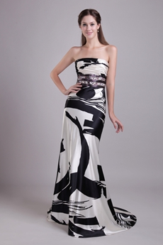 Special Strapless A-line Full Length Black And White Printed Prom Dress 
