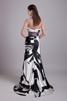 Special Strapless A-line Full Length Black And White Printed Prom Dress 