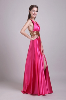 Plunge Neckline Column Hot Pink Prom Dress Crossed Straps Back 