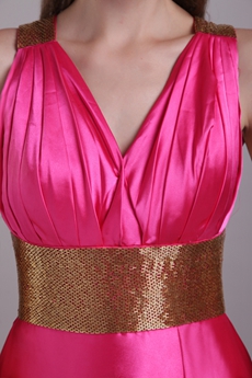 Plunge Neckline Column Hot Pink Prom Dress Crossed Straps Back 