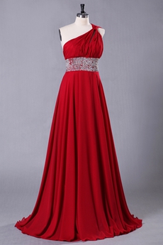 One Shoulder A-line Red Chiffon Prom Dress Crossed Straps Back 