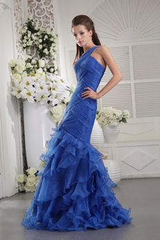 Special One Shoulder Royal Blue Organza Mermaid Quinceanera Dress 