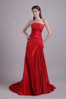Simple Strapless A-line Red Satin Prom Dress With Lace Appliques 