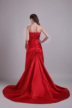 Simple Strapless A-line Red Satin Prom Dress With Lace Appliques 