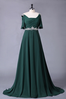 Shot Sleeves Dark Green Chiffon Prom Dress 