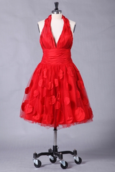 Top Halter Knee Length Red Tulle Puffy Sweet Sixteen Dress 