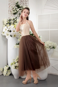 Halter Champagne And Brown Column Tea length Prom Dress 