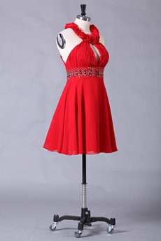 Mini Length Halter Red Chiffon Graduation Dress Open Back