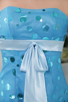 Dipped Neckline Mini Length Sky Blue Lattern Damas Dress   