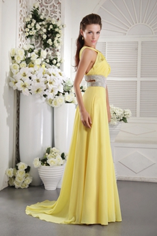Straps Open Back Chiffon Yellow Evening Gown 