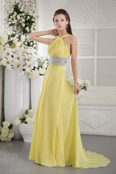 Straps Open Back Chiffon Yellow Evening Gown 