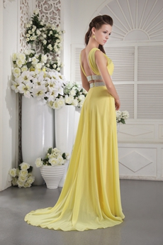 Straps Open Back Chiffon Yellow Evening Gown 