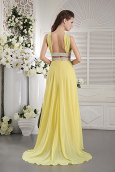 Straps Open Back Chiffon Yellow Evening Gown 