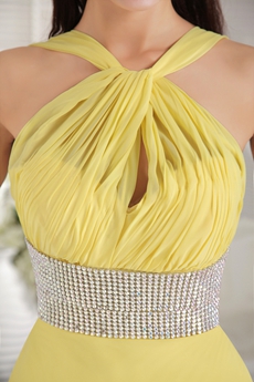 Straps Open Back Chiffon Yellow Evening Gown 