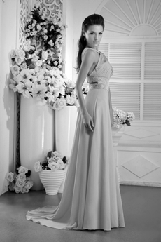 Straps Open Back Chiffon Yellow Evening Gown 