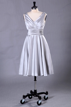 Knee Length V-Neckline Silver Wedding Guest Dress 
