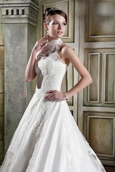 Unique Halter Puffy Floor Length Princess Lace Wedding Dress 
