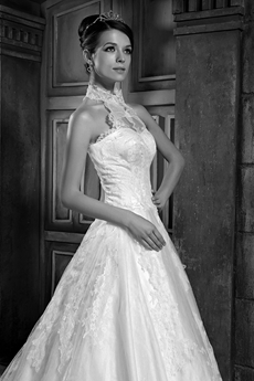 Unique Halter Puffy Floor Length Princess Lace Wedding Dress 