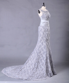 Boat Neckline Silver Grey Lace Bridal Gown Illusion Back 