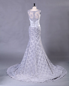 Boat Neckline Silver Grey Lace Bridal Gown Illusion Back 