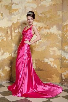 Attractive Crossed Straps Back A-line Hot Pink Satin Prom Gown Wth Shawl