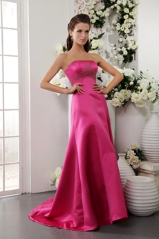 Strapless A-line Fuchsia Satin Prom Dress With Exquisite Handwork