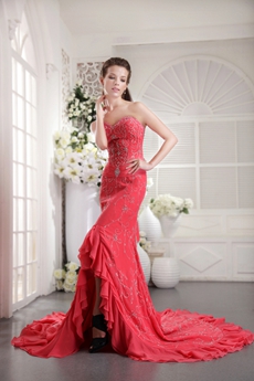 Gorgeous Sheath Floor Length Watermelon Prom Dress With Embroidery 