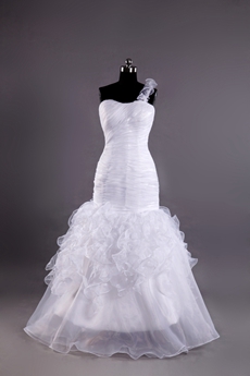 White Organza Single Strap Trumpet Wedding Gowns With Ruffled Skirt 