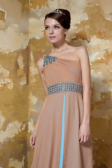 Modest One Shoulder Column Full Length Champagne And Blue Evening Dress 