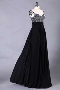 Column Floor Length Spaghetti Straps Black Prom Dress With Handmade Bodice