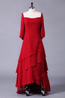 3/4 Sleeves Square Neckline Red Chiffon Mother Of The Bride Dress 