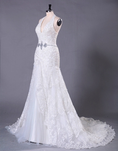 Top Halter Plunge Neckline Lace Wedding Dress 